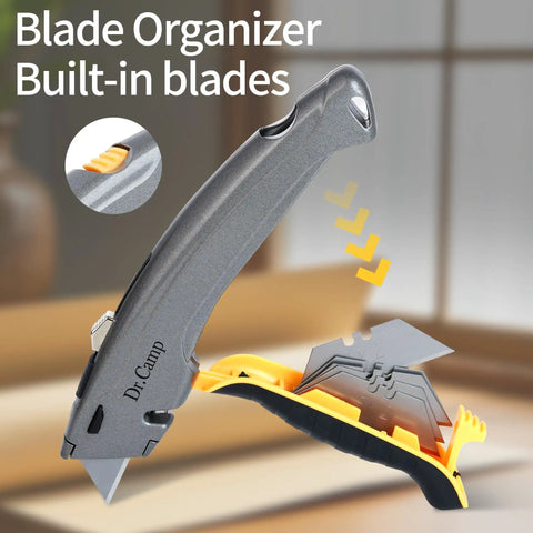 Retractable Utility Knife Heavy Duty Zinc Alloy Box Cutter With 3 SK2 Blades Safety Box Opener For Cardboard Carpet Leather And Packages Built Tough For Everyday Use And The Daily Hustle. close-up blade organizer with SK2 blades