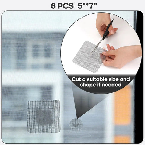 5 By 7 Inch Window Screen Patch Kit 6 Pack Mesh Repair Tape, ultra strong adhesive patch being cut to size for screen repair