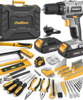 20V Cordless Power Drill Kit With Dual Speed Motor And Two Rechargeable Batteries Featuring Hella Tough Electric Screwdriver LED work light and tools.