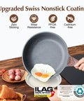 Kickin Nonstick Frying Pan With Swiss Granite Coating for Effortless Omelets shown pouring eggs with ILAG label