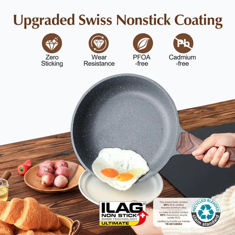 Kickin Nonstick Frying Pan With Swiss Granite Coating for Effortless Omelets shown pouring eggs with ILAG label