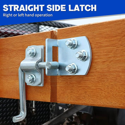 Top Shelf Galvanized Steel Trailer Gate Latch Hardware Four Piece Set With Curved Plates Handles And Side Brackets Badass Secure Closing For Cargo Flatbeds And Truck Trailers Quick Snap Install Built Solid Daily Use with straight side latch on wood.