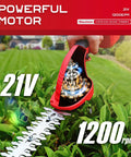 2 Pack Cordless Hedge Trimmer With Battery And Charger showcasing powerful 21V motor trimming green bushes in a garden.