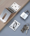 Stainless Steel 90 Degree Hasp Lock with Padlock for Door Gate and Window, featuring a hinge, padlock, and keys.