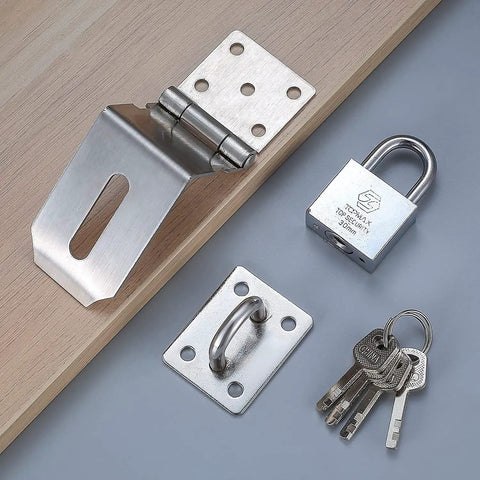Stainless Steel 90 Degree Hasp Lock with Padlock for Door Gate and Window, featuring a hinge, padlock, and keys.