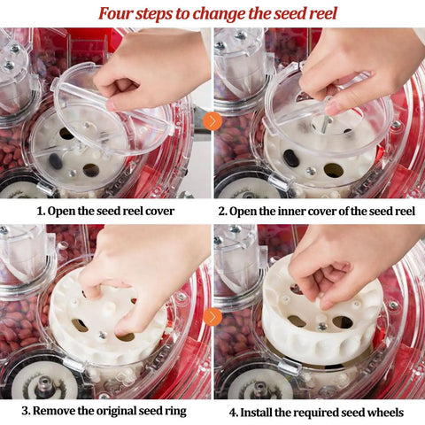 Four-step seed reel change for Manual Seeder For Easy And Efficient Sowing With Equidistant Quantitative Row Planting.