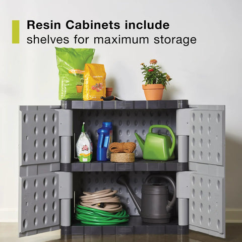Durable Freestanding Storage Cabinet With Doors 18 Inch Depth 36 Inch Width 37 Inch Height Two Shelf Lockable Resin Cabinet For Indoor Outdoor Garage Storage Of Garden Tools And Lawn Care Accessories