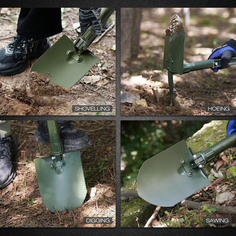 23 Inch Folding Camping Shovel With Cover, high manganese steel entrenching tool in action: shoveling, hoeing, digging, sawing