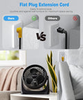 Flat Plug Extension Cord comparison, showcasing space-saving design behind furniture with a fan on a table.