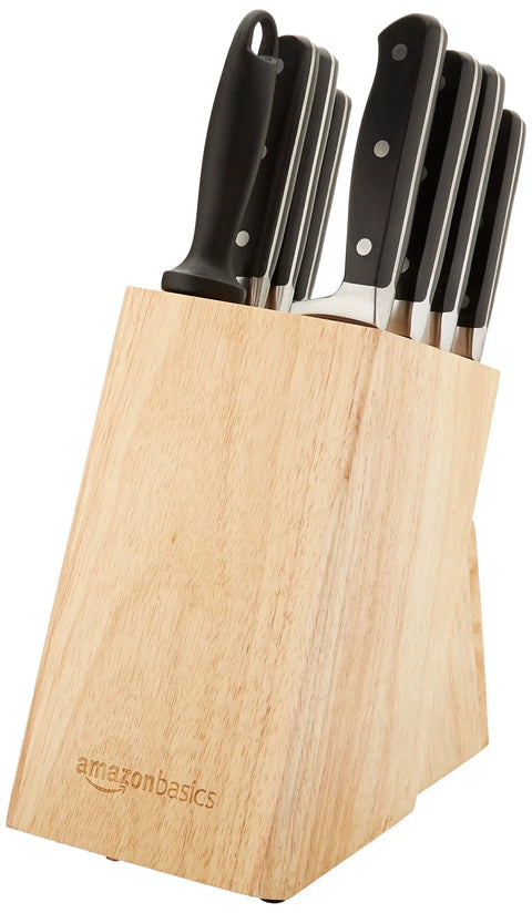 Top Shelf 9 Piece High Carbon Stainless Steel Kitchen Knife Set With Ergonomic Full Tang Handles Pine Wood Storage Block And Built In Sharpener For Daily Cooking
