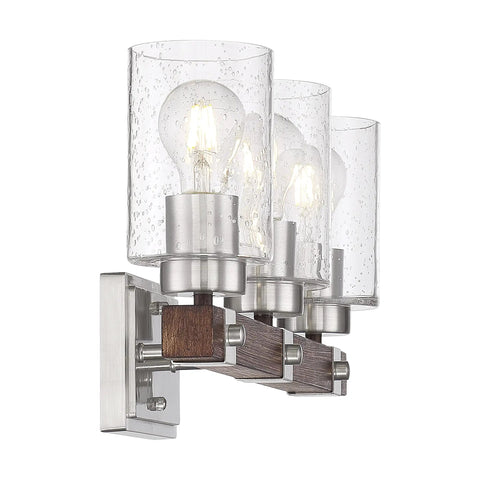 Arabel Three Light Vanity Fixture in brushed nickel and nutmeg wood with clear seeded glass, ETL rated, E26 bulbs, side view