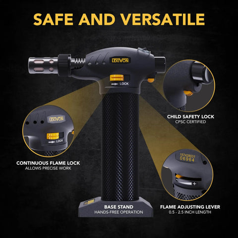 Butane Torch Multi-Function Kit with self igniting soldering station, adjustable flame, safety locks, and hands-free base stand.