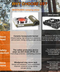 Dual Fuel Camp Stove With Infrared 8000 BTU Butane And Propane Portable Gas Stove Windproof Single Burner Includes Carrying Case Storage Bag And Hose Adapter For Outdoor Camping Essentials comparison chart with features and benefits.