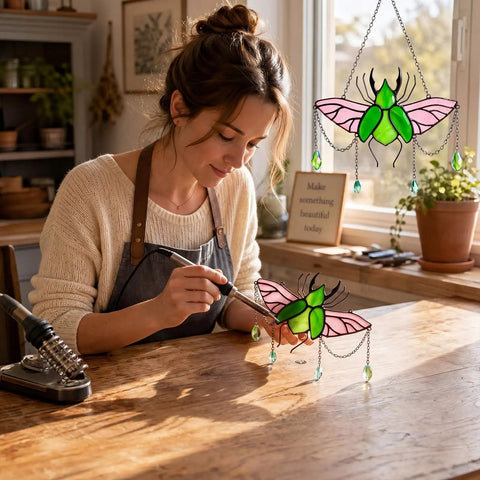 Woman assembling a stag beetle suncatcher from the Stag Beetle Stained Glass Kit for beginners on a wooden table.