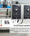Heavy Duty Automatic Desktop Labeling Machine With Slick Touchscreen Interface For Straight Up Flat Or Spot On Fixed Point Sticker Mounting On Glass Bottles And Tin Cans 110V speed control panel with adjustable settings.