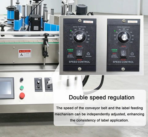 Heavy Duty Automatic Desktop Labeling Machine With Slick Touchscreen Interface For Straight Up Flat Or Spot On Fixed Point Sticker Mounting On Glass Bottles And Tin Cans 110V speed control panel with adjustable settings.