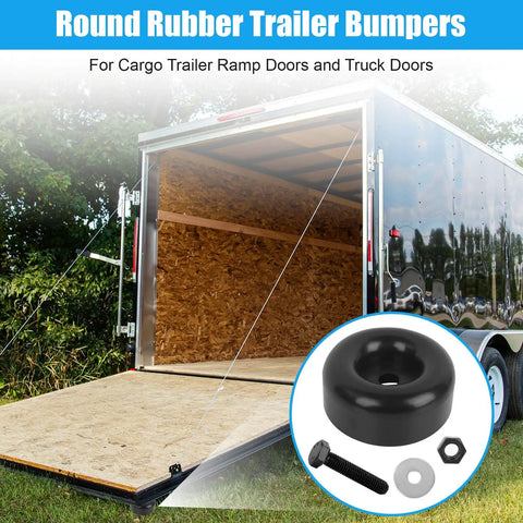 2.5 Inch Trailer Ramp Door Bumper Kit with round rubber stops and screw hardware shown with cargo trailer ramp door