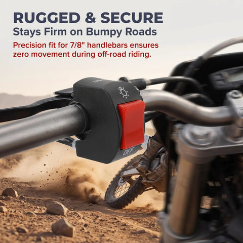 Heavy Duty 7/8 Inch Motorcycle Handlebar Push Button Switch Slick Design On Off Toggle Lock Tight Fit For Gas Scooters And Electric E Bikes close-up of switch on handlebar