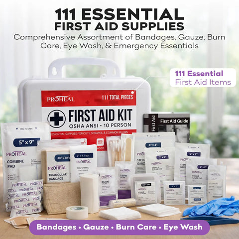 OSHA Compliant First Aid Kit For 10 Person Type III ANSI Class A 111 Piece Emergency Kit For Business Office Home Vehicle Truck Car Construction Site Latex Free Wall Mountable with various medical supplies displayed.