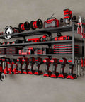 48 Inch Power Tools Organizer Wall Mount With Four Heavy Duty Shelves, 12 Drill Holders, Side Hooks And Bottom Tool Rack