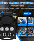 SINOCMP Hydraulic Pressure Test Kit Featuring Three Gauges And Six Couplings With Long Hoses For Excavator Equipment and Heavy Duty Construction Machinery Diagnostic Tools In Portable Case, showing gauges and couplings.