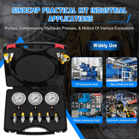 SINOCMP Hydraulic Pressure Test Kit Featuring Three Gauges And Six Couplings With Long Hoses For Excavator Equipment and Heavy Duty Construction Machinery Diagnostic Tools In Portable Case, showing gauges and couplings.