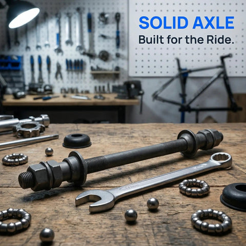 Beefy 180mm Mountain Bike Rear Axle With Titanium Alloy Shaft Hollow Hub And Ball Bearing Kit on workshop table