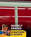 Red car door with Quik Eraser Kit Car Scratch Remover For Repairing Surface Blemishes Safe On Clear Coats, ScratchX pad, towel