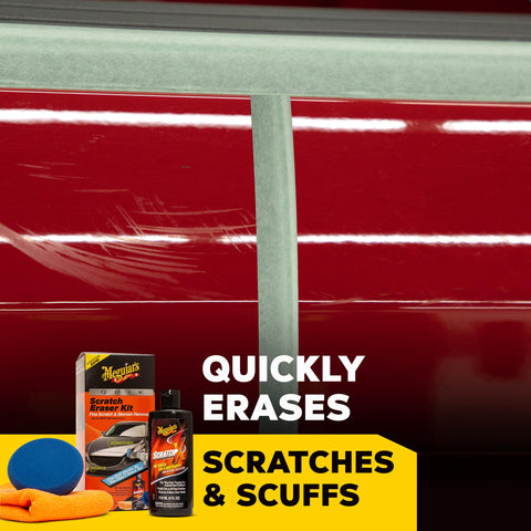 Red car door with Quik Eraser Kit Car Scratch Remover For Repairing Surface Blemishes Safe On Clear Coats, ScratchX pad, towel