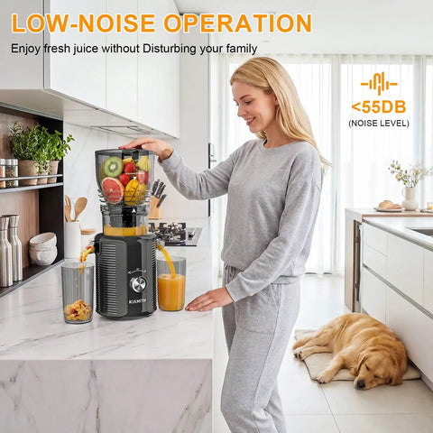 Kiamith 300W Cold Press Juicer With Huge 5.8 Inch Wide Feed Chute For Whole Produce in kitchen, woman juicing fruits.