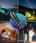 Triple Pack 10000 Lumen Rechargeable Flashlights With LCD Display highlighting various outdoor and indoor uses