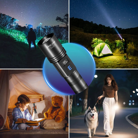 Triple Pack 10000 Lumen Rechargeable Flashlights With LCD Display highlighting various outdoor and indoor uses