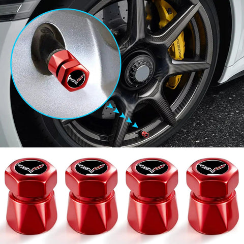 Close-up of Red Tire Valve Stem Caps 4 Pack Dope Die Cast Aluminum With O Ring Seal Rust Resistant Chrome Electroplated Finish Tire Valve Covers For C6 C7 C8 Series on car wheel