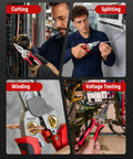 Kick Ass With KAIWEETS 9-In-1 Rechargeable Wire Stripper used for cutting, splitting, winding, and voltage testing electrical wires.