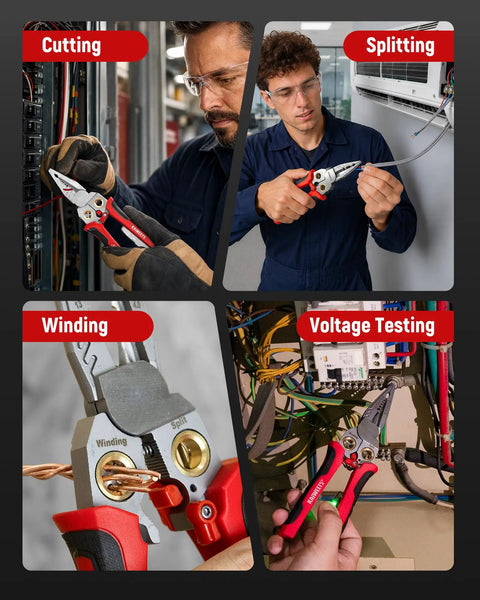 Kick Ass With KAIWEETS 9-In-1 Rechargeable Wire Stripper used for cutting, splitting, winding, and voltage testing electrical wires.