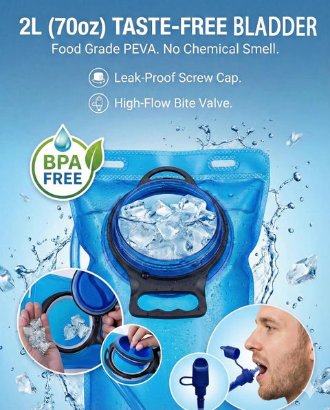 2L hydration pack bladder with ice, leak-proof cap, and bite valve for lightweight cycling, running, rave, and music gear use