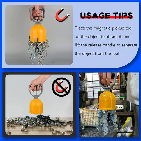 Powerful Magnetic Pickup Tool With Quick Release Lifter showing metal parts attraction.