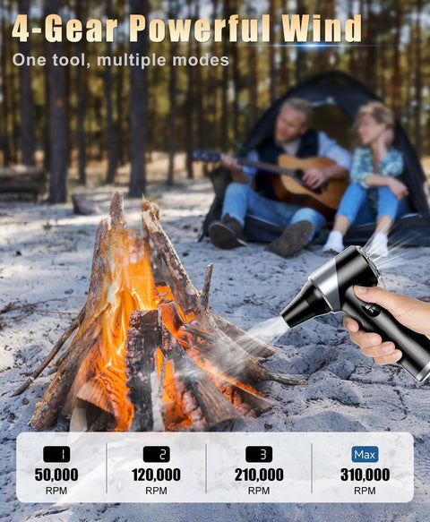 Cordless Air Duster With 310000 RPM Turbo Motor LED Light in use near a campfire, demonstrating outdoor cleaning capabilities
