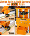 Close-up of XE-Ultra Core Desktop CNC Router with 16mm and 12mm ball screws on XYZ axes, showcasing linear rails.
