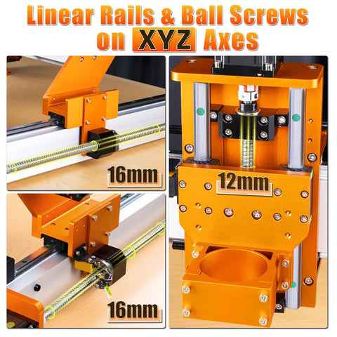 Close-up of XE-Ultra Core Desktop CNC Router with 16mm and 12mm ball screws on XYZ axes, showcasing linear rails.
