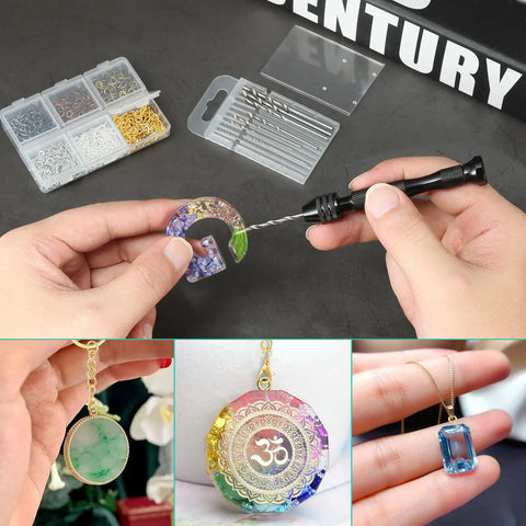 Top Shelf Hand Drill Set For Resin Crafts With 10 Precision Bits And 600 Eye Screws Plus 15 Keychain Rings Easy Pin Vise Kit For Epoxy Jewelry Making And No Sweat Diy Projects, showing usage in resin crafting.