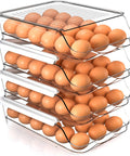 Rolling Egg Tray With Removable Lid For Refrigerator Stackable Plastic Egg Holder Auto Rolling Egg Dispenser With Elevated Slope Design To Keep Eggs Fresh No Fuss Clear Pack Of 4, showing clear stacked trays filled with eggs