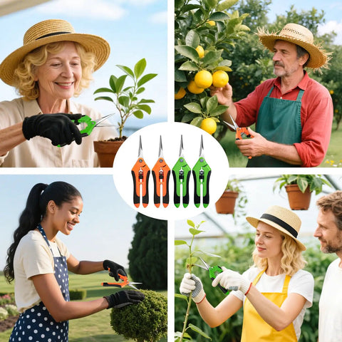 4 Pack Garden Shears Set With Stainless Steel Blades, Pruning Shears, Garden Clippers, ergonomic orange-green handles, safe lock