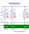 DC Power Fuse Distribution Strip Module 12 Channel DIN Rail Mount For 0 To 32V DC Systems, 30A Total Input, schematic wiring diagram with screw terminal blocks