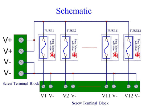 DC Power Fuse Distribution Strip Module 12 Channel DIN Rail Mount For 0 To 32V DC Systems, 30A Total Input, schematic wiring diagram with screw terminal blocks