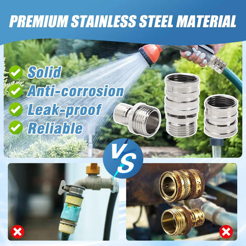 Heavy Duty Garden Hose Quick Connect Kit With Three Quarter Inch GHT Fittings Quick Release Connector For Hoses And Sprayers Stainless Steel Build That's Rustproof And Leakproof Easy On Easy Off Built To Last displayed with water spray and connector examples.