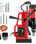 Powerful 1400W Magnetic Drill Press With 2 Inch Boring Capacity And 810 RPM, accessory kit with drill bits and controls.