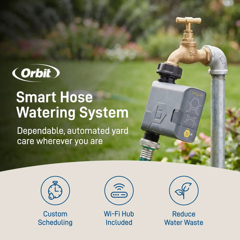 B-hyve Gen 2 Smart Hose Watering Timer With WiFi Hub for app-controlled yard watering attached to outdoor faucet