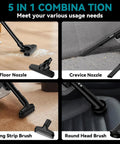 5-in-1 Cordless Handheld Vacuum Cleaner with floor, crevice, strip, and round brushes shown in use on floors and car interiors.