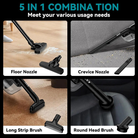 5-in-1 Cordless Handheld Vacuum Cleaner with floor, crevice, strip, and round brushes shown in use on floors and car interiors.